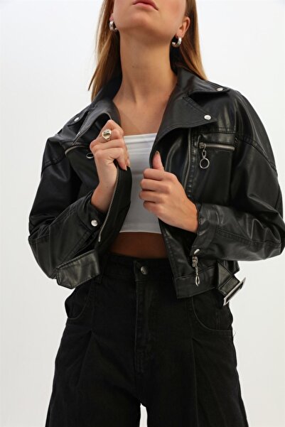 Quzu Biker Pocket Leather Jacket Black