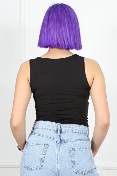 CİDDE Kadın Kalın Askılı Likralı Basic Kare Yaka Kolsuz Atlet Bluz/sıyah/l