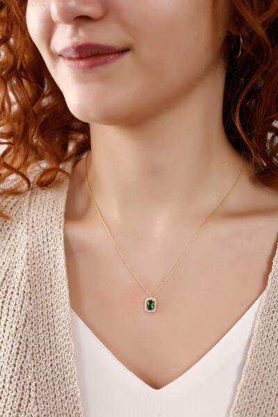 Lia Berto Altın Kaplama Zümrüt Baget Taşlı 925 Ayar Gümüş Kolye