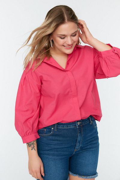 Trendyol Curve Fukszia szövött ujjú részletes poplin ing TBBSS22GO0614