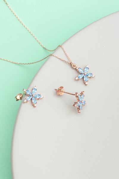 Miavi Silver 925 Ayar Gümüş Aquamarine Mini Nergis Çiçeği Kolye Küpe Set