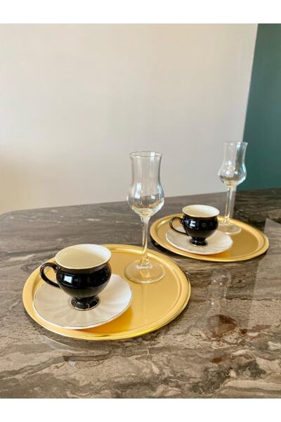 Mira züccaciye Yuvarlak Gold Sunum Tepsisi Dekoratif Servis Tepsisi Çay, Kahve 22 Cm 6'lı