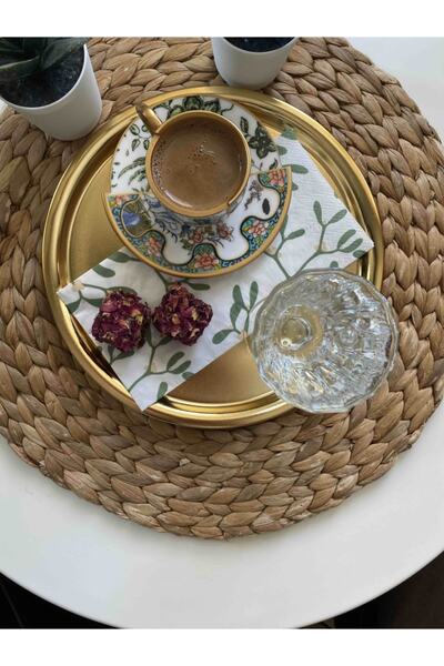 Mira züccaciye Yuvarlak Gold Sunum Tepsisi Dekoratif Servis Tepsisi Çay, Kahve 22 Cm 6'lı