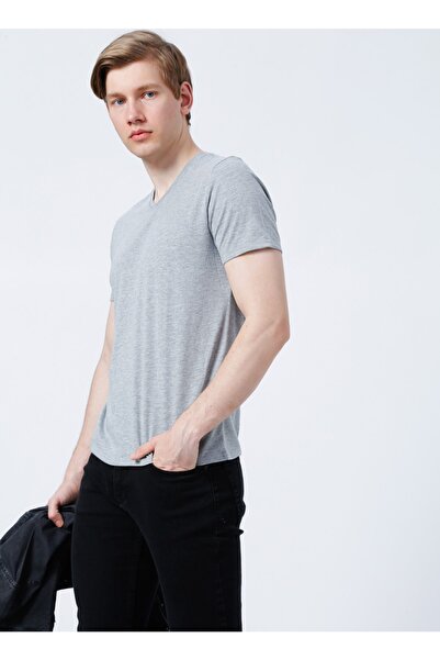 LİMON COMPANY Lemon V-Neck Basic Plain Gray Melange Men's T-Shirt - Tom