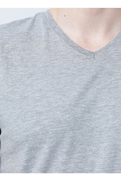 LİMON COMPANY Lemon V-Neck Basic Plain Gray Melange Men's T-Shirt - Tom