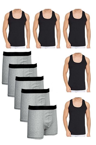 HARMAN TEKSTİL 10 Piece Undershirt and Boxer Set 5 Gray Boxers 5 Gray Undershirt Cotton