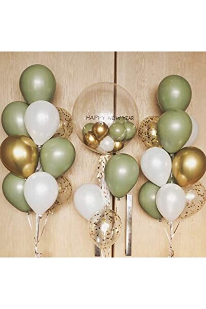 Party City Krom Gold Küf Yeşili Ve Pastel Beyaz Renk Balon 9 Adet