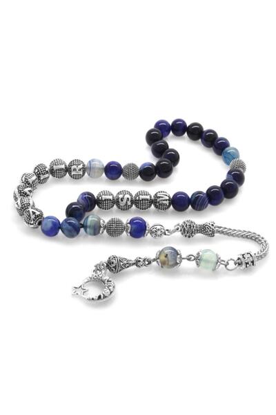 EbruHome مسبحة من الحجر الطبيعي باللونين الأزرق والأبيض ومزينة بشراشيب معدنية...