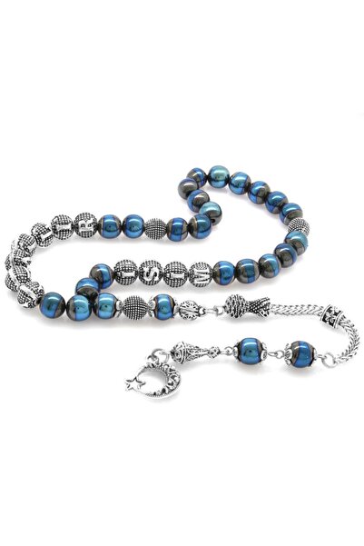 EbruHome Non-Tarnish Metal Tasseled Blue Hematite Natural Stone Rosary with G...
