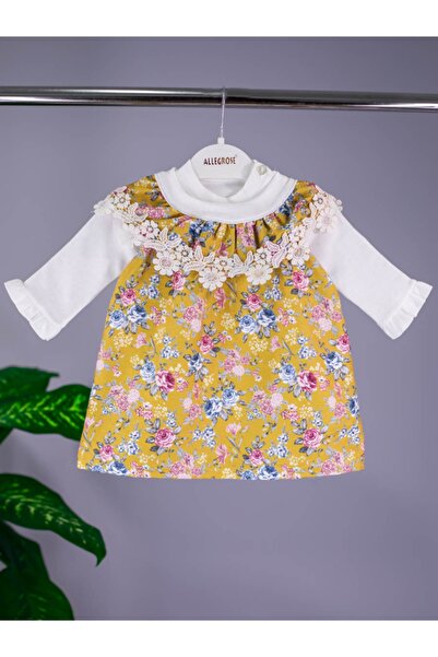 MinikButik Kız Bebek Pembe Çiçek Desenli Ikili Elbise