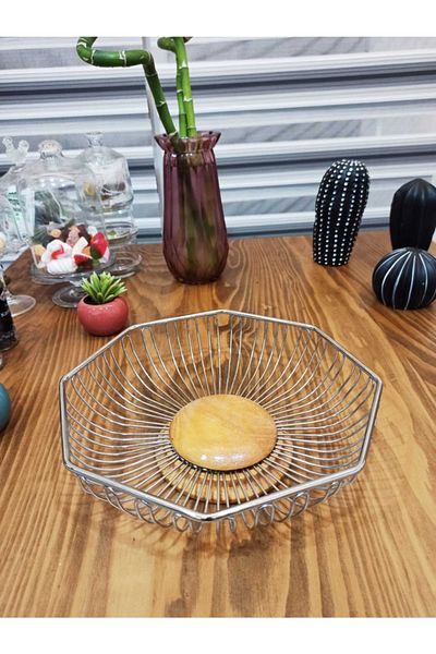 TOPRAK E-TİCARET Stainless Steel Silver Colored Bread Basket - Multi-Purpose, Luxury with Wooden Legs