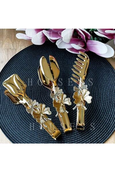 Housess 8-Piece Butterfly Patterned Gold Handled Serving Set and Tongs Set Butterfly Patterned Titanium Plated