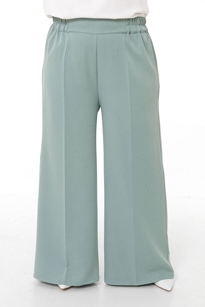 DISENTIS MODEST Plus Size Wide Leg Double Mint Green Trousers with Elastic Waist and Side and Back
