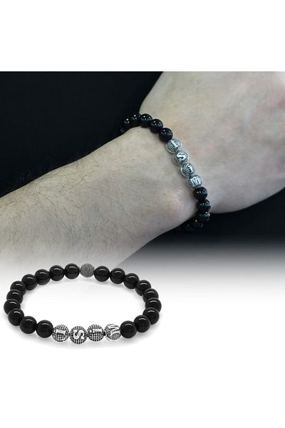 Tesbihane Faceted Onyx Metal Combination Sphere Cut Natural Stone Bracelet