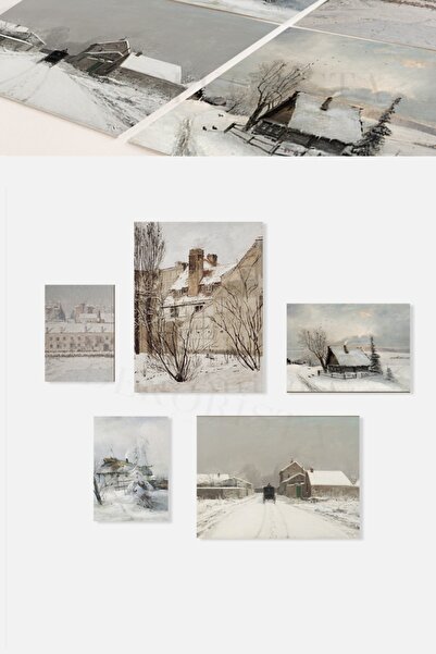 HOME DEKORİSTA Çerçevesiz Vintage 5'li Poster Seti, Galeri Duvarı, Sanatsal Baskı, Tablo , Kar Manzarası, Resim