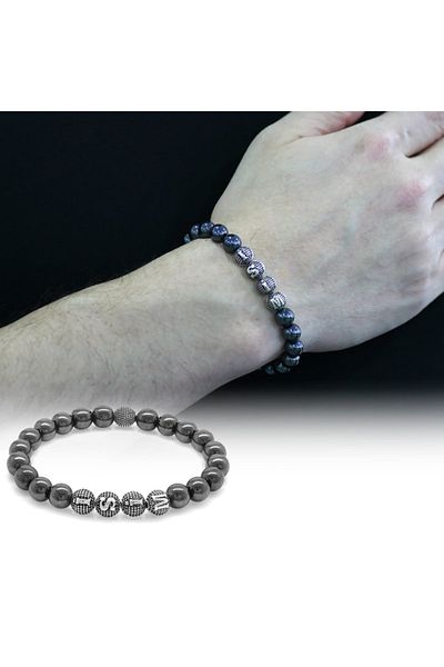Tesbihane Hematite Metal Combination Sphere Cut Natural Stone Bracelet