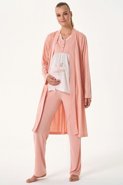 Feyza Pijama 4481 Γυναικείο Σετ Πιτζάμες εγκυμοσύνης με πουά σολομό