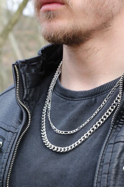 Dukkanka Kalın Tıraşlı Ve Figora Zincir Ikili Model Erkek Kolye