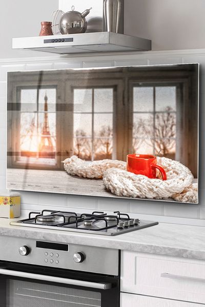 Olinpa 76x50 Cm Eiffel Tower with View - Glass Protector Stove Countertop and Built-in Back