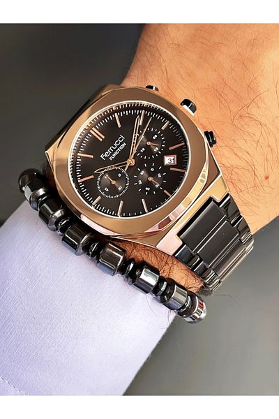 Ferrucci Black Color Classic Roman Numeral Metal Men's Wristwatch + Hematite Natural Stone Bracelet