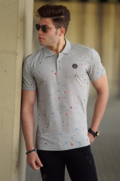 Madmext Tricou cu guler polo cu imprimeu spray, gri 4583