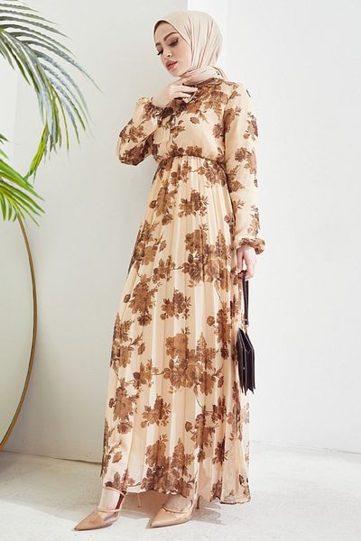InStyle Rochie Hijab din Sifon Plis Ariana - Bej