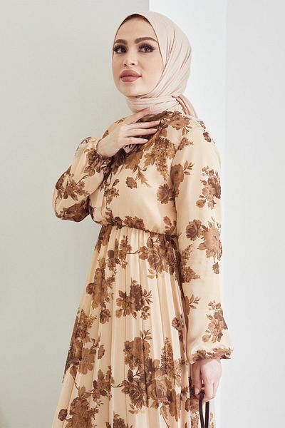 InStyle Rochie Hijab din Sifon Plis Ariana - Bej