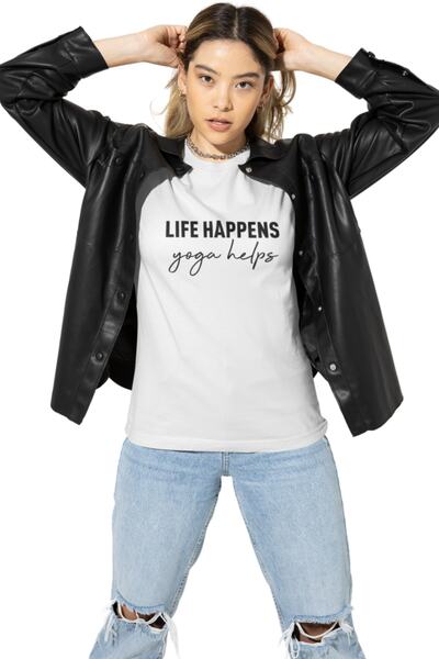 Kadın Beyaz %100 Pamuk Bisiklet Yaka Regular Unisex Yarım Kollu Yoga Baskılı T-shirt