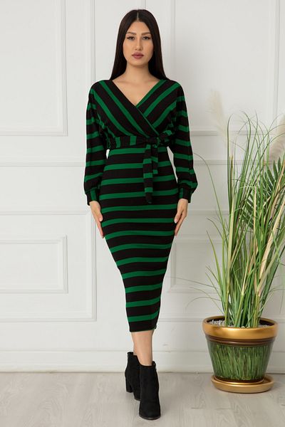 PULLIMM Striped Double Breasted Neckline Midi Knitwear Dress - Tie Waist 0216