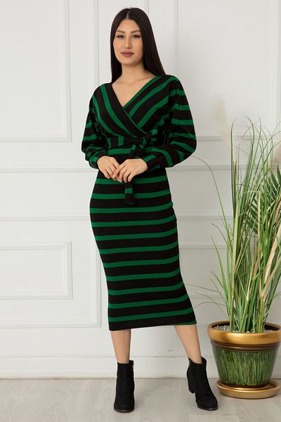 PULLIMM Striped Double Breasted Neckline Midi Knitwear Dress - Tie Waist 0216