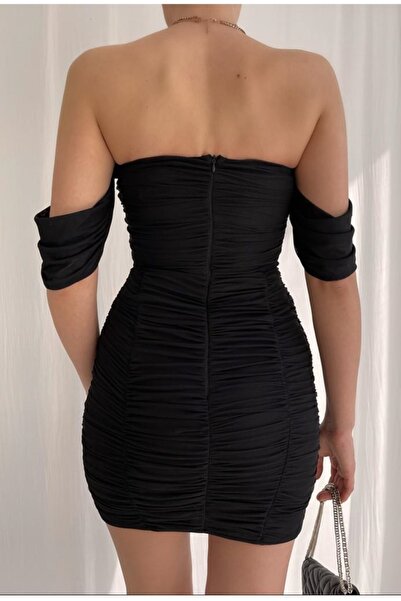 lovebox Flexible Tulle Fabric Lined Padded Draped Black Strapless Evening Dress Black Graduation Dress 123