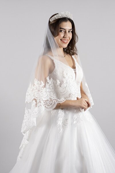 paris in paris Gelinlik Duvağı 2 Katlı Fransız Dantelli Nikah Ve Düğün Duvağı Üst Katı 70 Cm Alt Katı 120 Cm