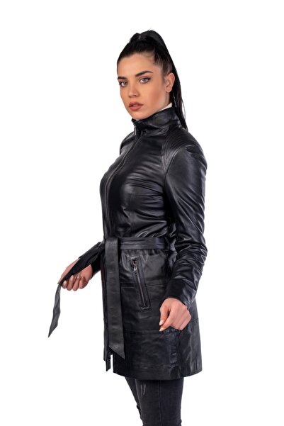 BEKA DERİ Hakiki Deri Siyah Bayan Deri Trençkot