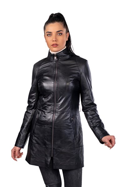 BEKA DERİ Hakiki Deri Siyah Bayan Deri Trençkot