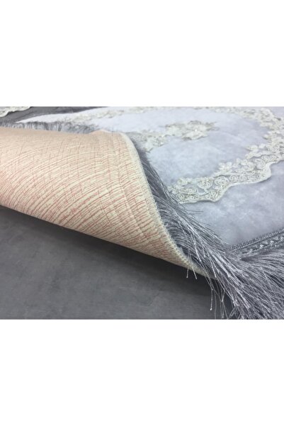 Bonny Home Gray Exclusive 3-Piece Oval Dowry Fringed French Lace Toilet Seat Set Bathroom Mat Set