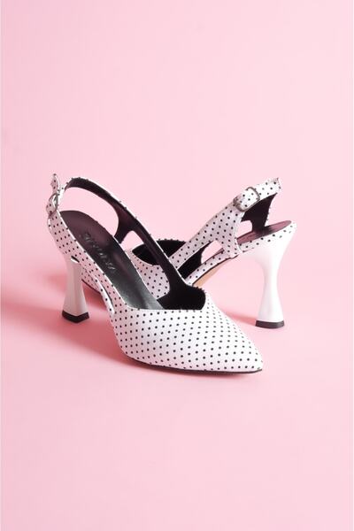 DİVOLYA Pantofi cu toc cu buline albe de rață