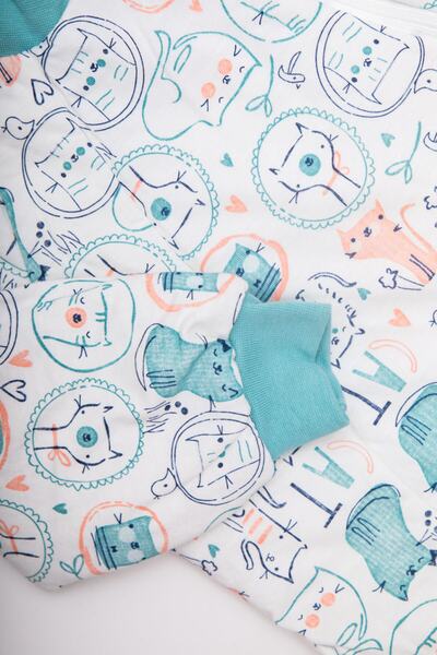 Mika Bebek & Çocuk Slim Fit Turquoise Salmon Cat Patterned Unisex Baby Kids Sleeping Bag