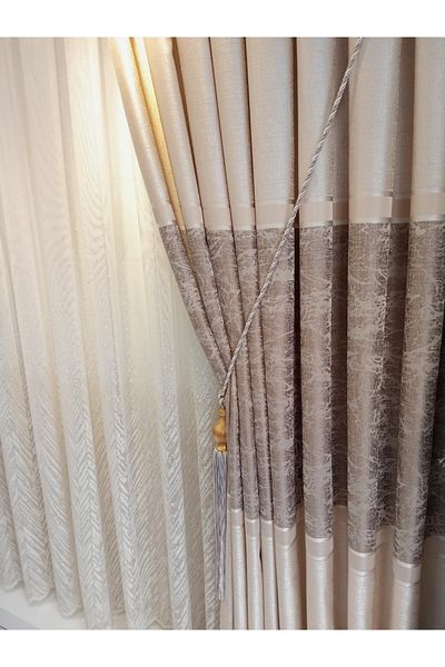 KN Tekstil Close Pleat 100x260 Cream Mink Double Wing Panel Background Curtain (with Braçol Gift)
