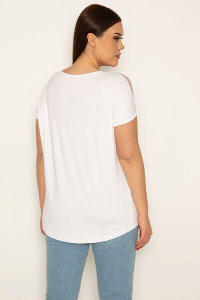 Şans Women's Plus Size Bone Shoulders Tulle and Peto Pocket Stone Detailed Viscose Blouse 65n31855