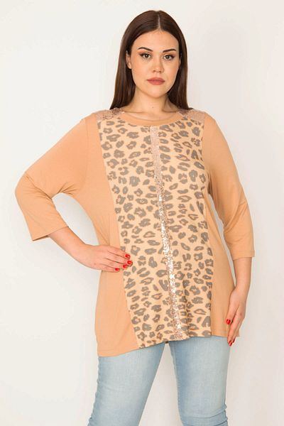 Şans Women's Large Size Mink Sequin Detailed Leopard Print Blouse 65n31983