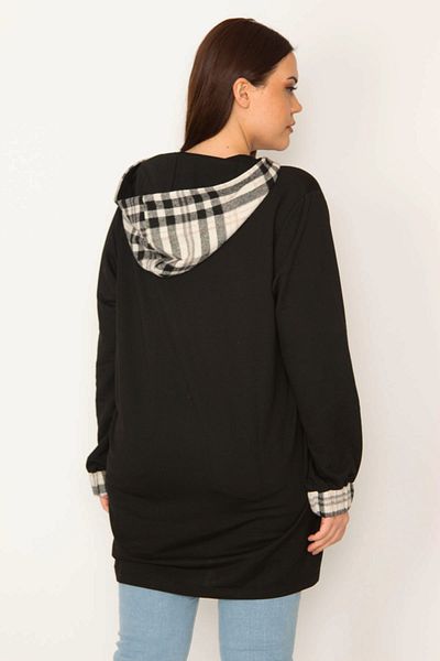 Şans Women's Large Size Black Unlined Front Zippered Plaid Garnished Hooded Coat 65n31945