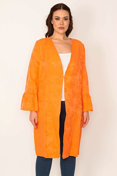 Şans Women's Large Size Orange Sleeve Detailed Single Lace Closure Unlined Cape 65n32092