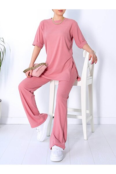 Sparrow Laurel Pembe Yırtmaçlı Tunik T-shırt  Bol Paça Pantolon Kaşkorse İkili Takım