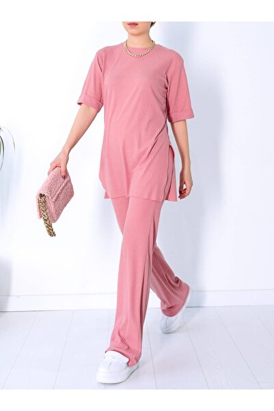 Sparrow Laurel Pembe Yırtmaçlı Tunik T-shırt  Bol Paça Pantolon Kaşkorse İkili Takım