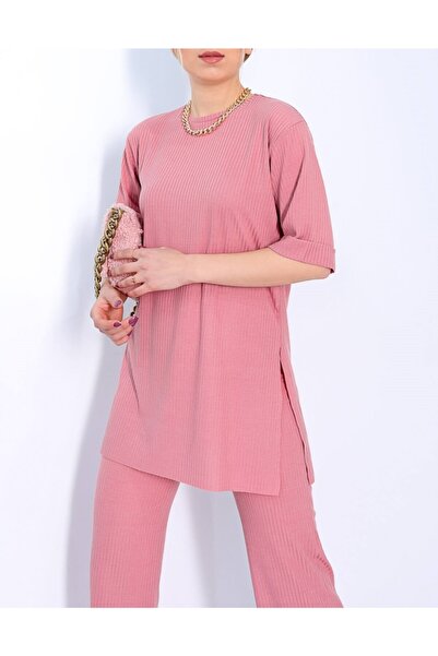 Sparrow Laurel Pembe Yırtmaçlı Tunik T-shırt  Bol Paça Pantolon Kaşkorse İkili Takım