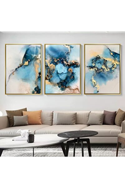 Markazip Altın Metal Çerçeveli 50x70cm Üçlü Soyut Kanvas Tablo Kod: Al301-k-a