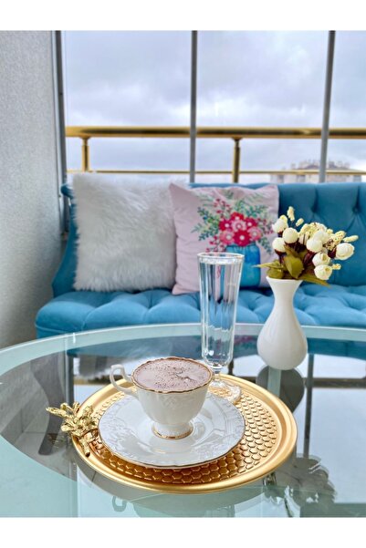 Aslı Hediyelik Yuvarlak Desenli Gold Kaplama Çiçekli Sunum Tepsisi, Dekoratif...