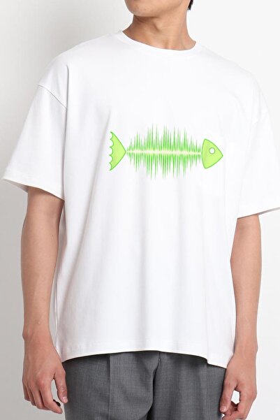 GreenMint تي شيرت موسيقى على شكل عظمة السمكة باللون الأبيض للجنسين