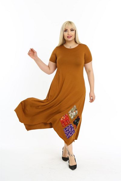 ModaSehle Women's Plus Size Patched Crew Neck Short Sleeve Dress