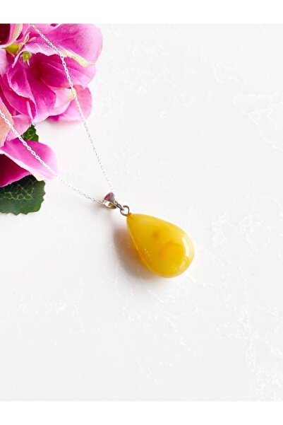 Amberistan Süt Rengi Kehribar Kolye, Baltık Kehribar Kolye, Kehribar Takı, 925 Ayar Gümüş Kolye Kehribar Kolye